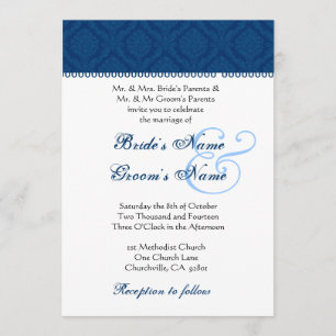 Navy Blue en White Damask Wedding Kaart