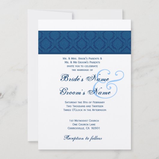 Navy Blue en White Diamond Damask Wedding Kaart (Voorkant)