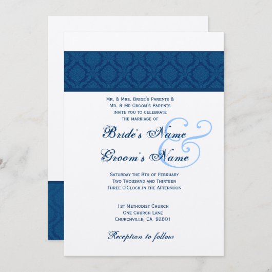 Navy Blue en White Diamond Damask Wedding Kaart (Voorkant / Achterkant)