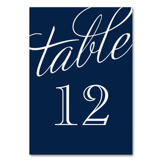 Navy Blue en White Elegant Script Table Numbers Kaart (Achterkant)