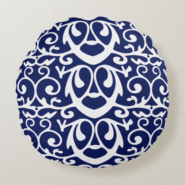 Navy Blue en White Elegant Sierkussen Rond Kussen (Voorkant)