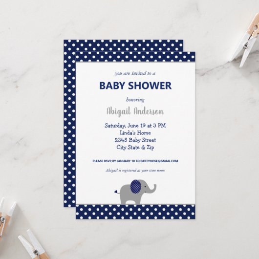 Navy Blue en White Elephant Polka Dot Baby shower Kaart (Voorkant / Achterkant in situ)