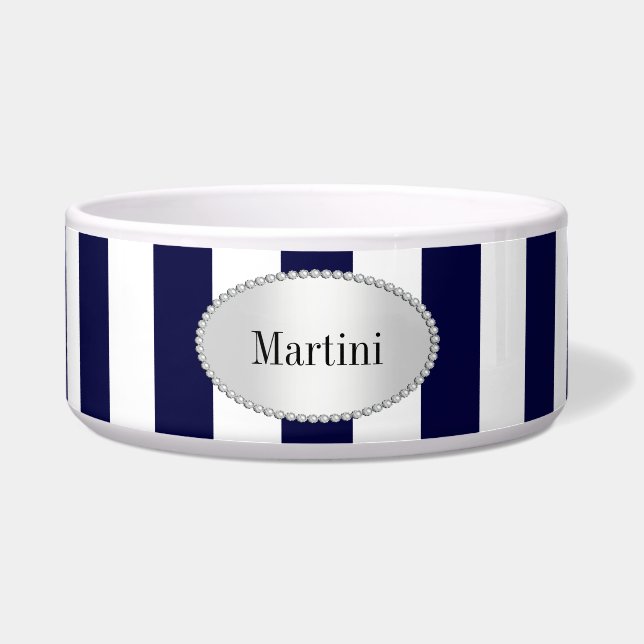 Navy Blue en White Extra Large Stripe Pattern Voerbakje (Voorkant)