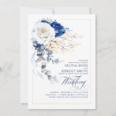 Navy Blue en White Floral Boho Gold Elegant Weddin Kaart (Voorkant)