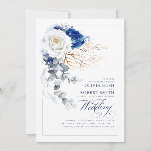 Navy Blue en White Floral Boho Gold Elegant Weddin Kaart (Voorkant)