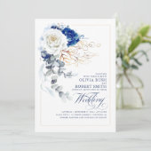Navy Blue en White Floral Boho Gold Elegant Weddin Kaart (Staand voorkant)