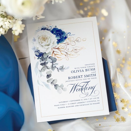 Navy Blue en White Floral Boho Gold Elegant Weddin Kaart