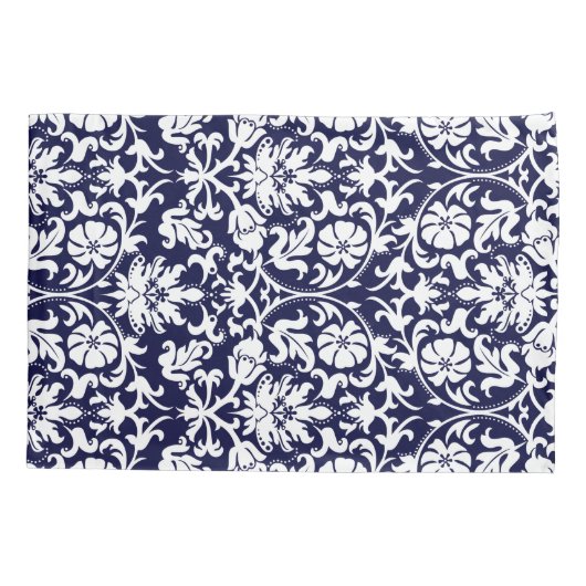 Navy Blue en White Floral Damask Kussensloop (Achterkant-Links)