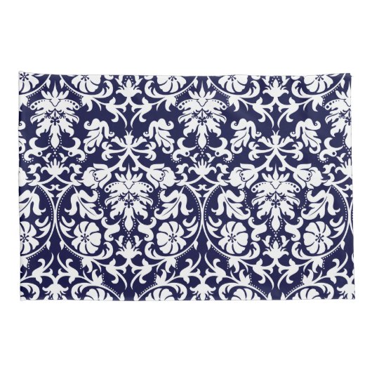 Navy Blue en White Floral Damask Kussensloop (Achterkant-Rechts)