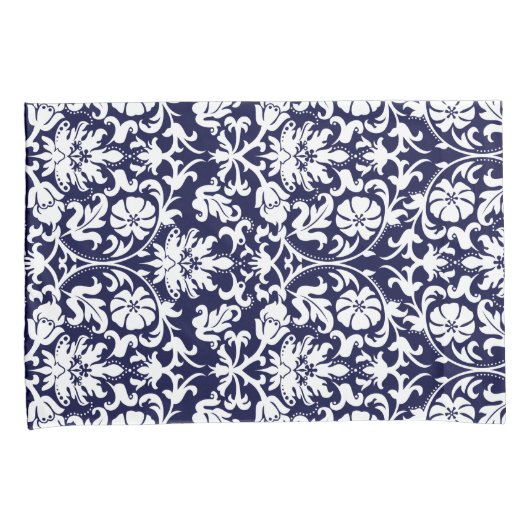 Navy Blue en White Floral Damask Kussensloop (Voorkant-Rechts)