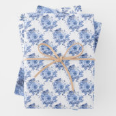 Navy Blue en White Floral Leaf Inpakpapier Vel (In situ)