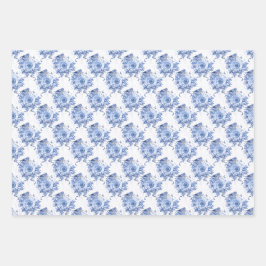 Navy Blue en White Floral Leaf Inpakpapier Vel