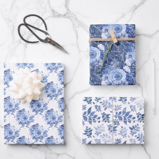 Navy Blue en White Floral Leaf Inpakpapier Vel (Voorkant)