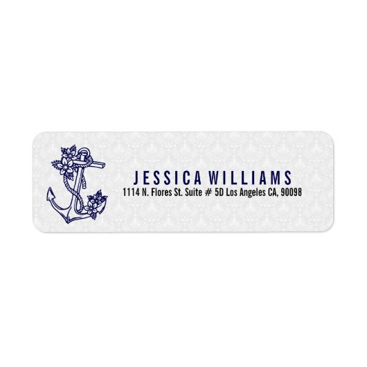 Navy Blue en White Floral Nautical Anchor Etiket (Voorkant)