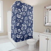 Navy Blue en White Floral Pattern Douchegordijn (In situ)