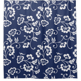 Navy Blue en White Floral Pattern Douchegordijn