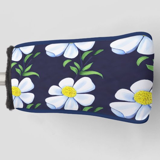 Navy Blue en White Floral Pattern Golfheadcover (Voorkant)