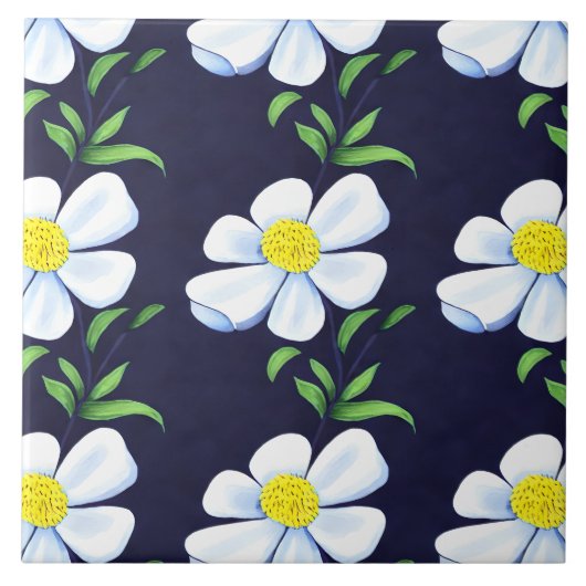 Navy Blue en White Floral Pattern Tegeltje (Voorkant)