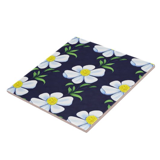 Navy Blue en White Floral Pattern Tegeltje (Zijkant)