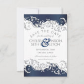Navy Blue en White Floral Swirls Save the Date (Voorkant)