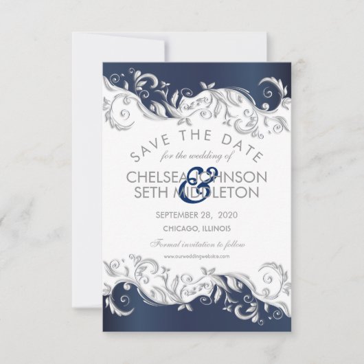 Navy Blue en White Floral Swirls Save the Date (Voorkant)