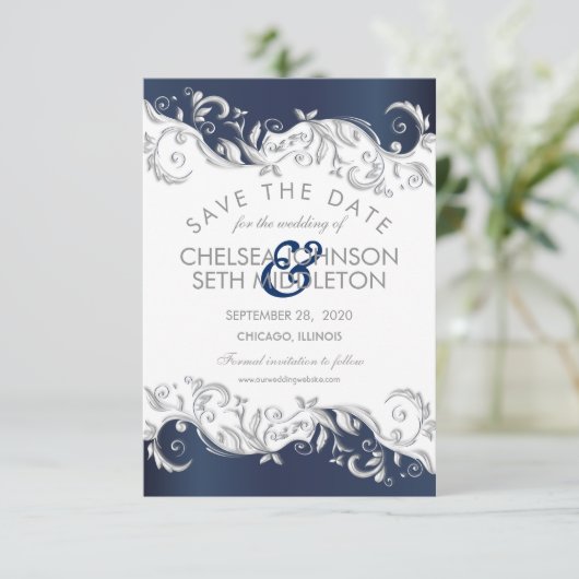 Navy Blue en White Floral Swirls Save the Date (Staand voorkant)