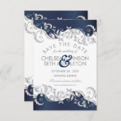 Navy Blue en White Floral Swirls Save the Date (Voorkant / Achterkant)