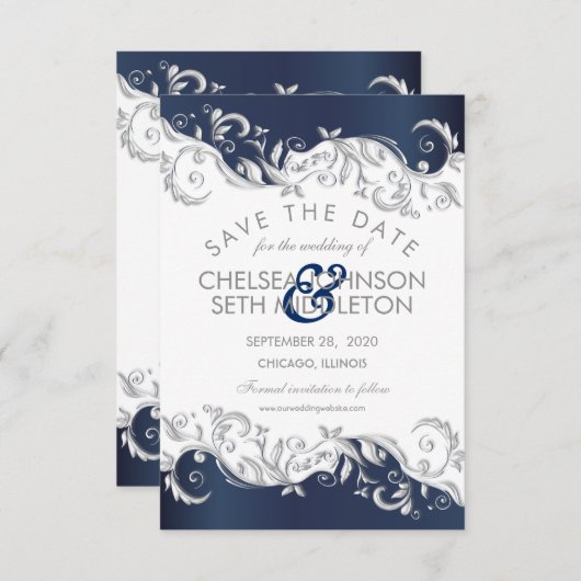 Navy Blue en White Floral Swirls Save the Date (Voorkant / Achterkant)