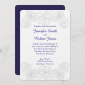 Navy Blue en White Floral Wedding Invitation Kaart (Voorkant / Achterkant)