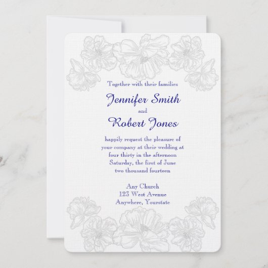 Navy Blue en White Floral Wedding Invitation Kaart (Voorkant)
