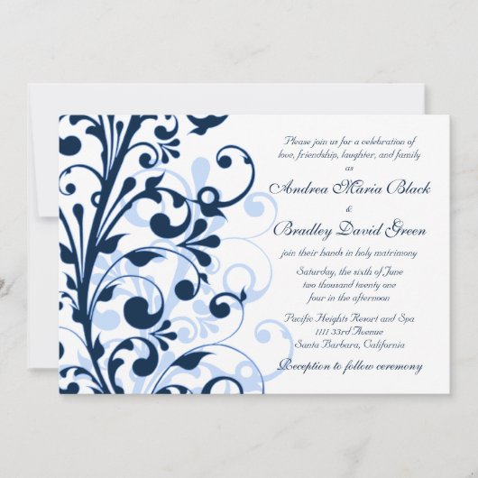 Navy Blue en White Floral Wedding Invitation Kaart (Voorkant)