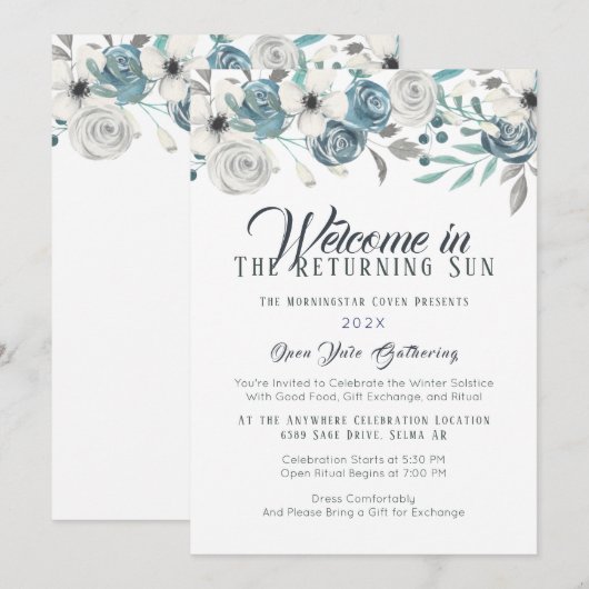 Navy Blue en White Floral Yule Winter Solstice Kaart (Voorkant / Achterkant)