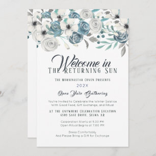 Navy Blue en White Floral Yule Winter Solstice Kaart