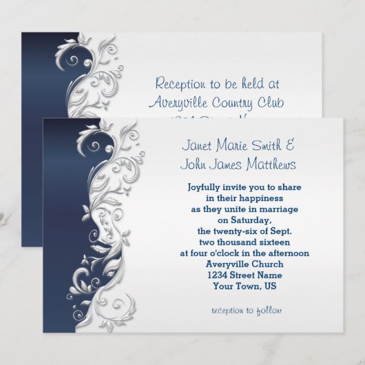 Navy Blue en White Florid Wedding Invitation Kaart (Voorkant / Achterkant)