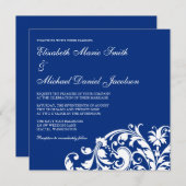 Navy Blue en White Flourish Swirl Wedding Kaart (Voorkant / Achterkant)