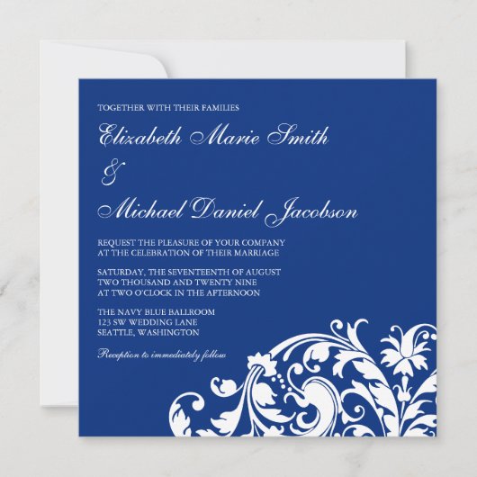Navy Blue en White Flourish Swirl Wedding Kaart (Voorkant)