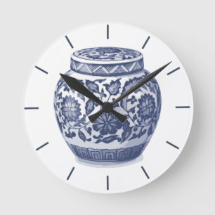 Navy Blue en White Ginger Jar Chinoiserie Design Ronde Klok