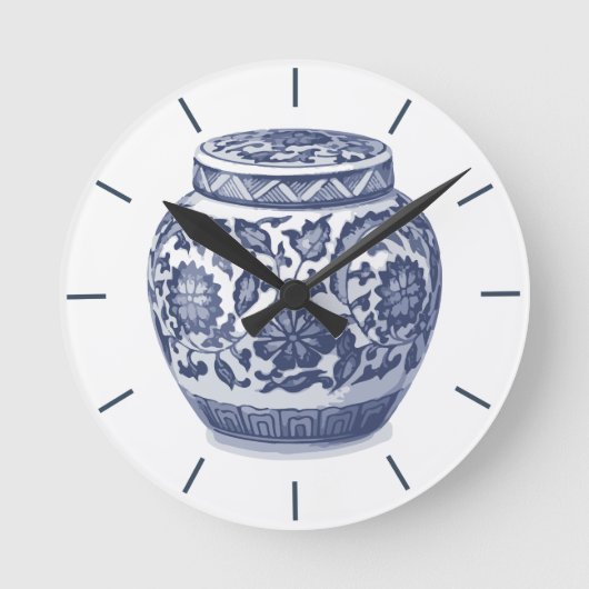 Navy Blue en White Ginger Jar Chinoiserie Design Ronde Klok (Voorkant)