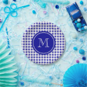 Navy Blue en White Gingham, Uw Monogram Papieren Bordje (Feest)