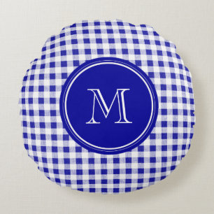 Navy Blue en White Gingham, Uw Monogram Rond Kussen