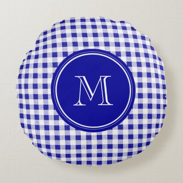 Navy Blue en White Gingham, Uw Monogram Rond Kussen (Voorkant)