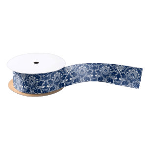 Navy Blue en White Girly Floral Lace Satijnen Lint
