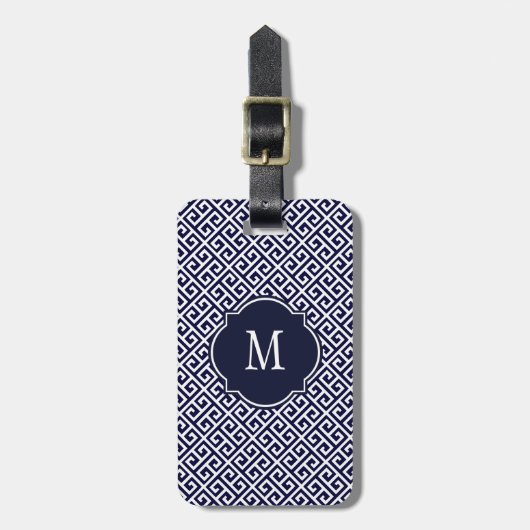 Navy Blue en White Greek Key Monogram Bagagelabel (Voorkant verticaal)