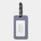 Navy Blue en White Greek Key Monogram Bagagelabel (Achterkant verticaal)