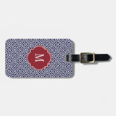 Navy Blue en White Greek Key Monogram Bagagelabel (Voorkant horizontaal)