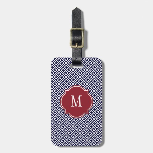Navy Blue en White Greek Key Monogram Bagagelabel (Voorkant verticaal)