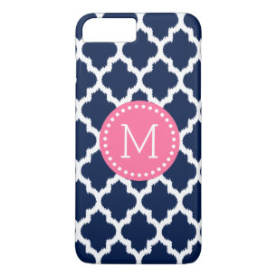 Navy-Blue en White Ikat Quatrefoil roze accenten Case-Mate iPhone Case
