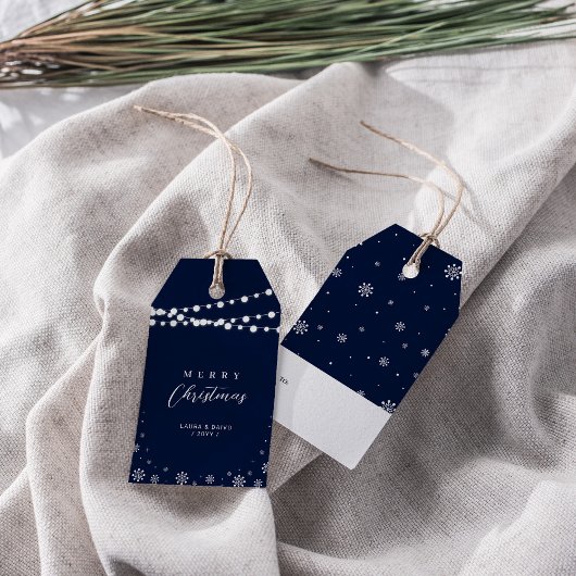 Navy Blue en White | Kerstmis met licht en sneeuw Cadeaulabel