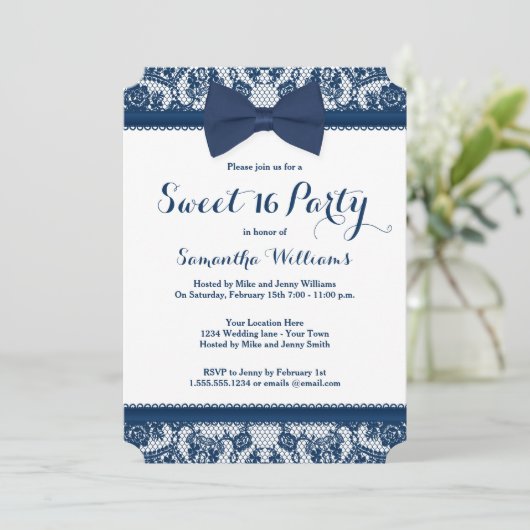 Navy Blue en White Lace Bow Sweet 16 Party Kaart (Staand voorkant)