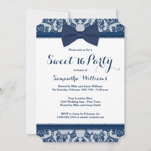 Navy Blue en White Lace Bow Sweet 16 Party Kaart (Voorkant)